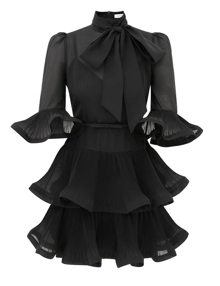 Pleated Sleeved Mini Dress