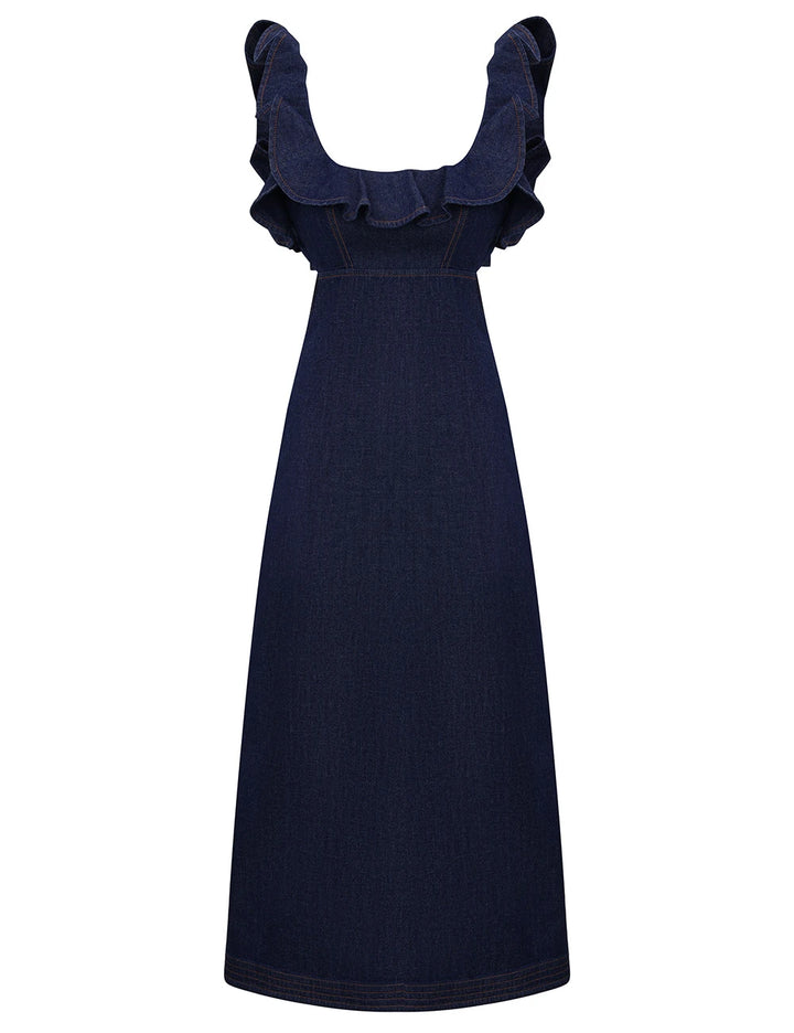 Aster Denim Frill Midi Dress