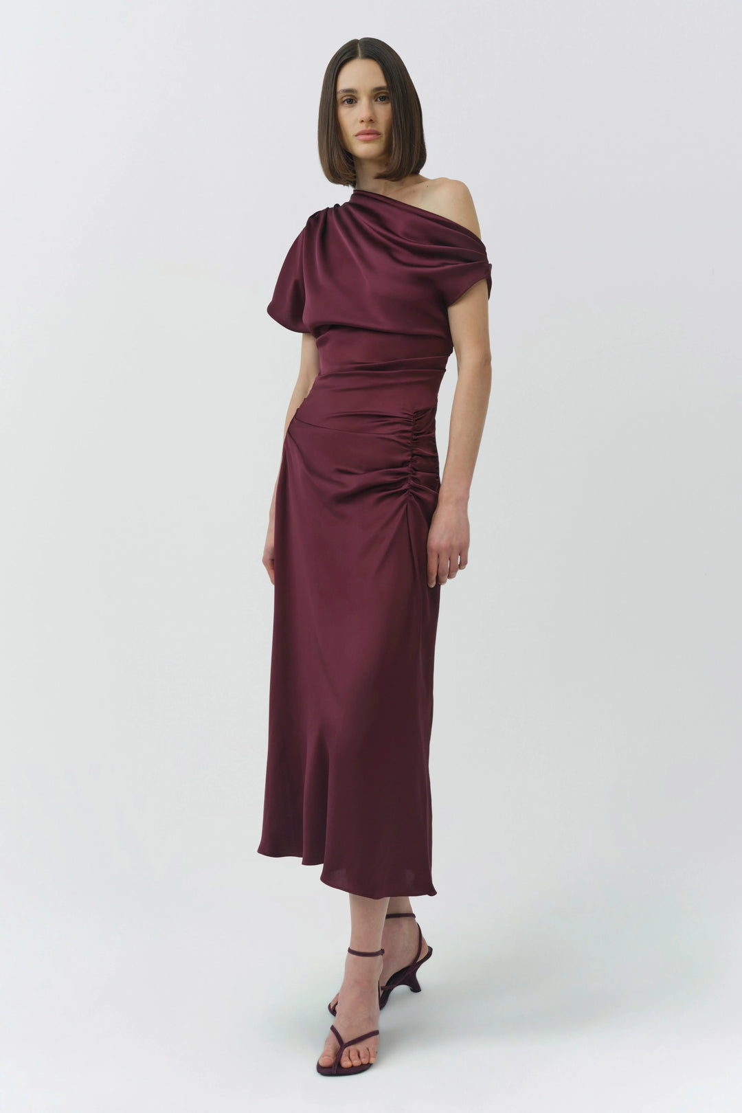 JOANNA ASYMMETRICAL SHOULDER MIDI DRESS