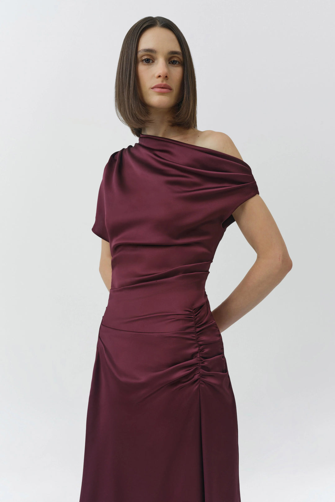 JOANNA ASYMMETRICAL SHOULDER MIDI DRESS
