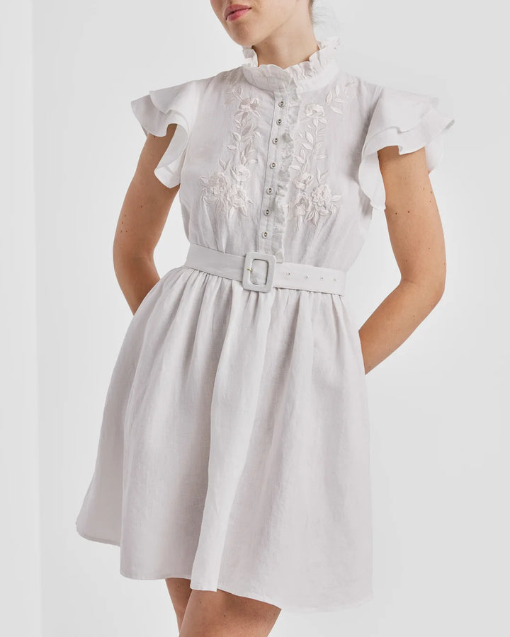 Linen Embroidered Ruffle Dress