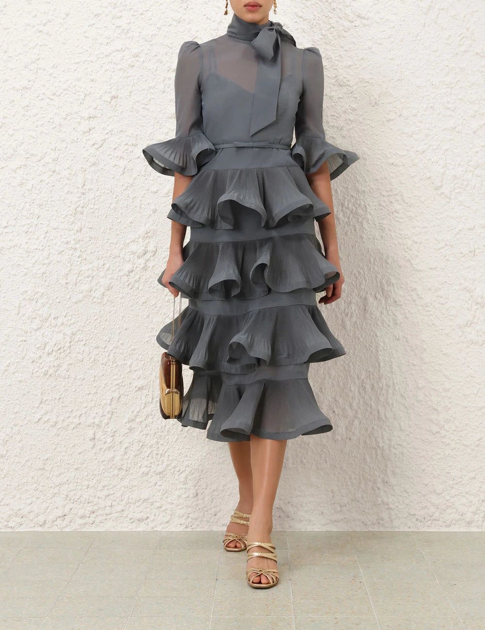 Pleated Sleeved Midi Dress