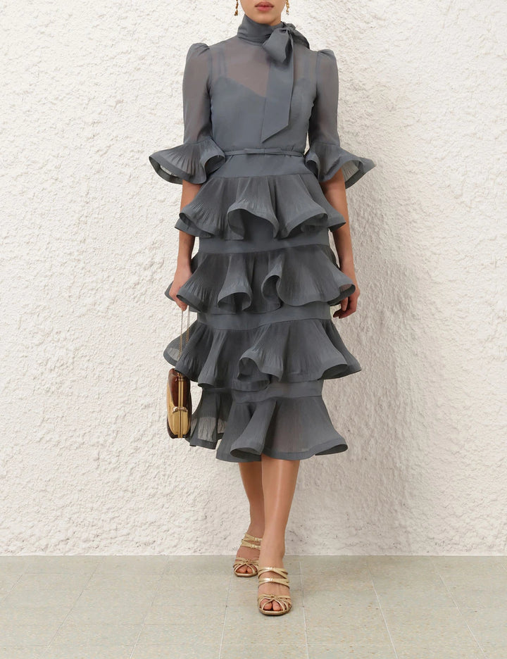Pleated Sleeved Midi Dress