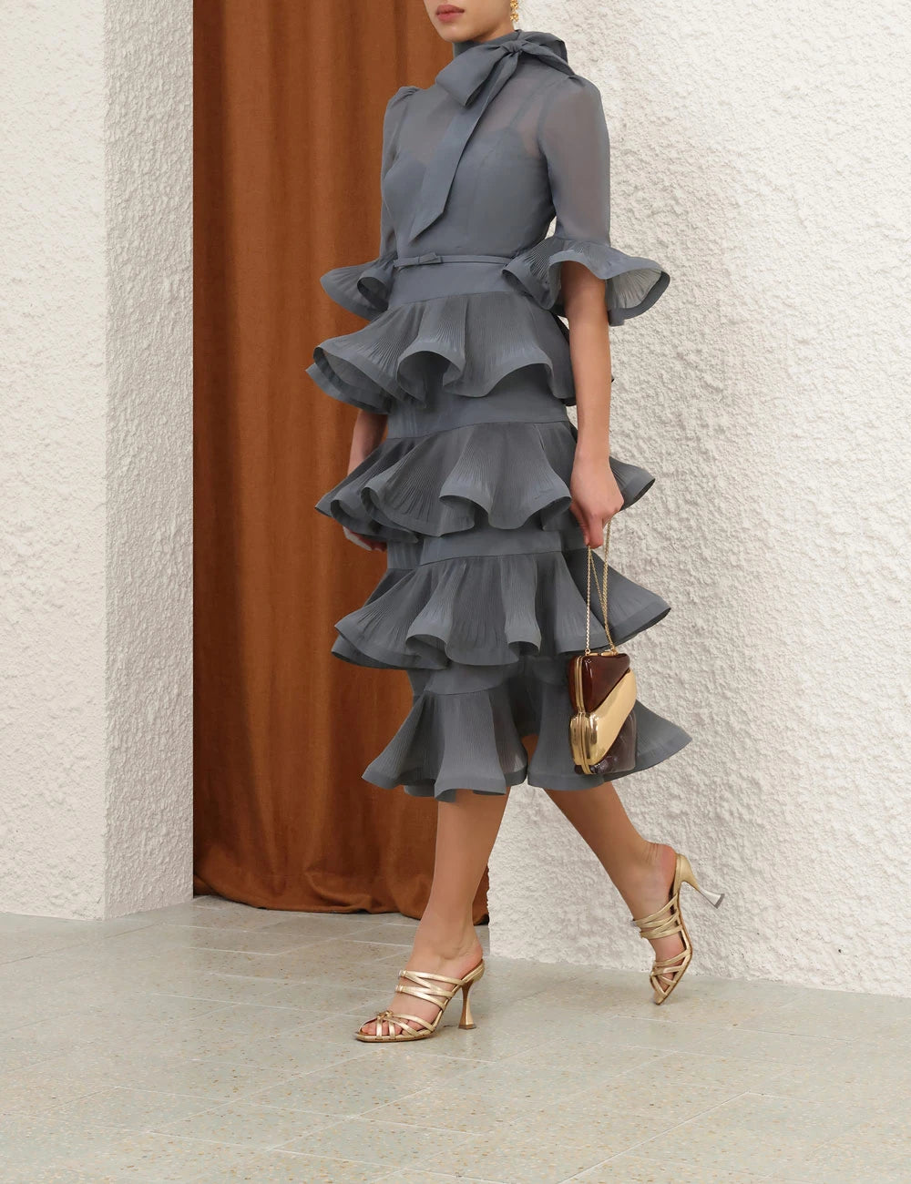 Pleated Sleeved Midi Dress