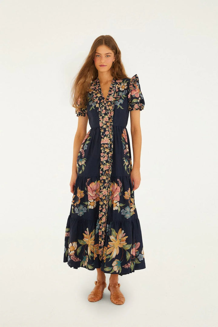 MAIRA FLORAL DARK BLUE SHORT SLEEVE MAXI DRESS