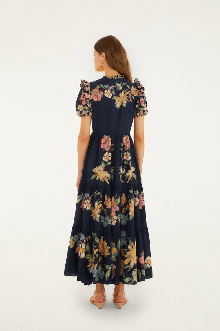MAIRA FLORAL DARK BLUE SHORT SLEEVE MAXI DRESS