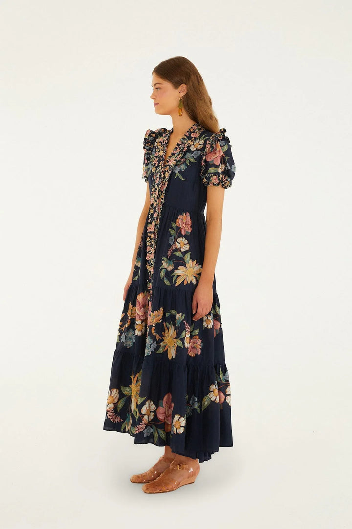 MAIRA FLORAL DARK BLUE SHORT SLEEVE MAXI DRESS