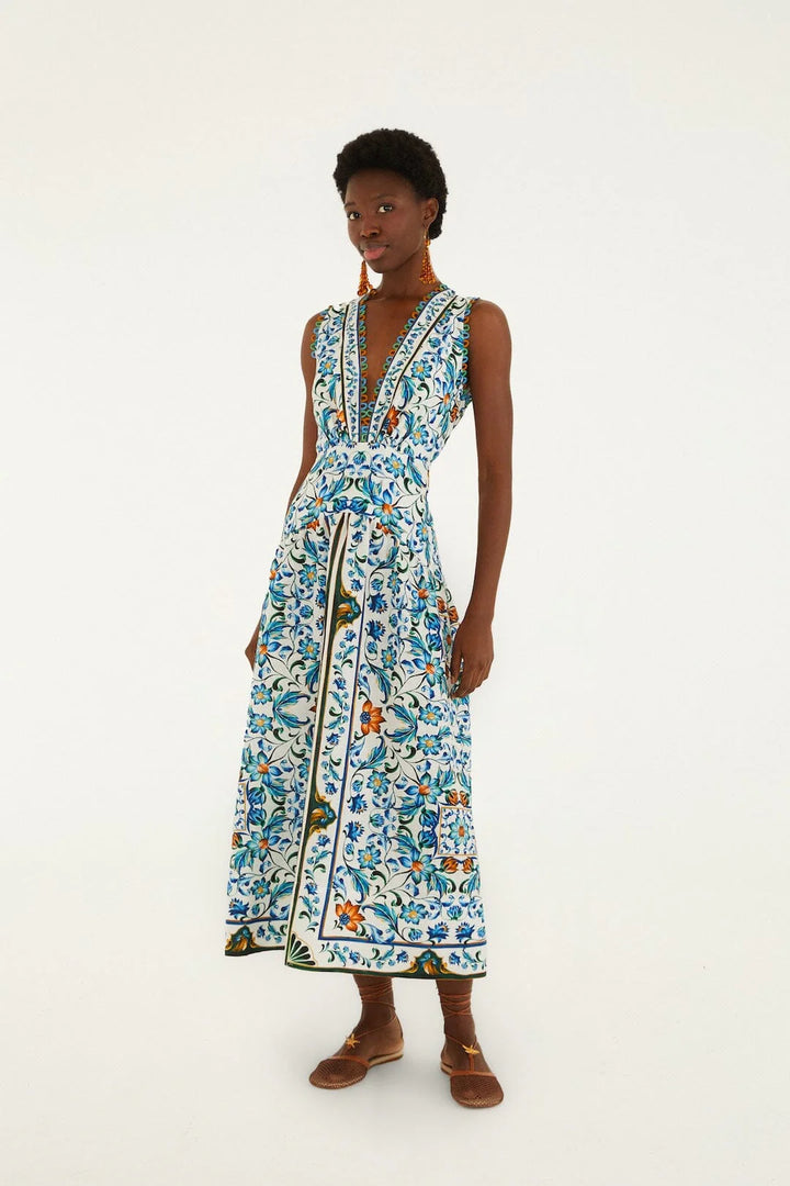 FLORA TILE OFF-WHITE MIDI DRESS