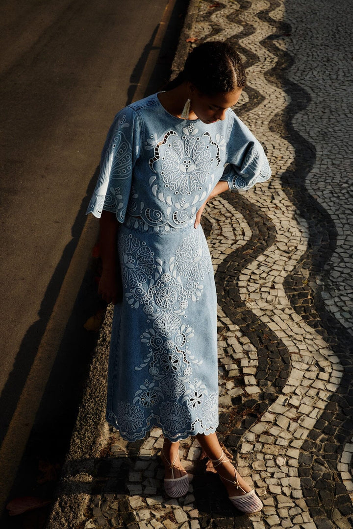 DENIM RICHELIEUX MIDI SKIRT