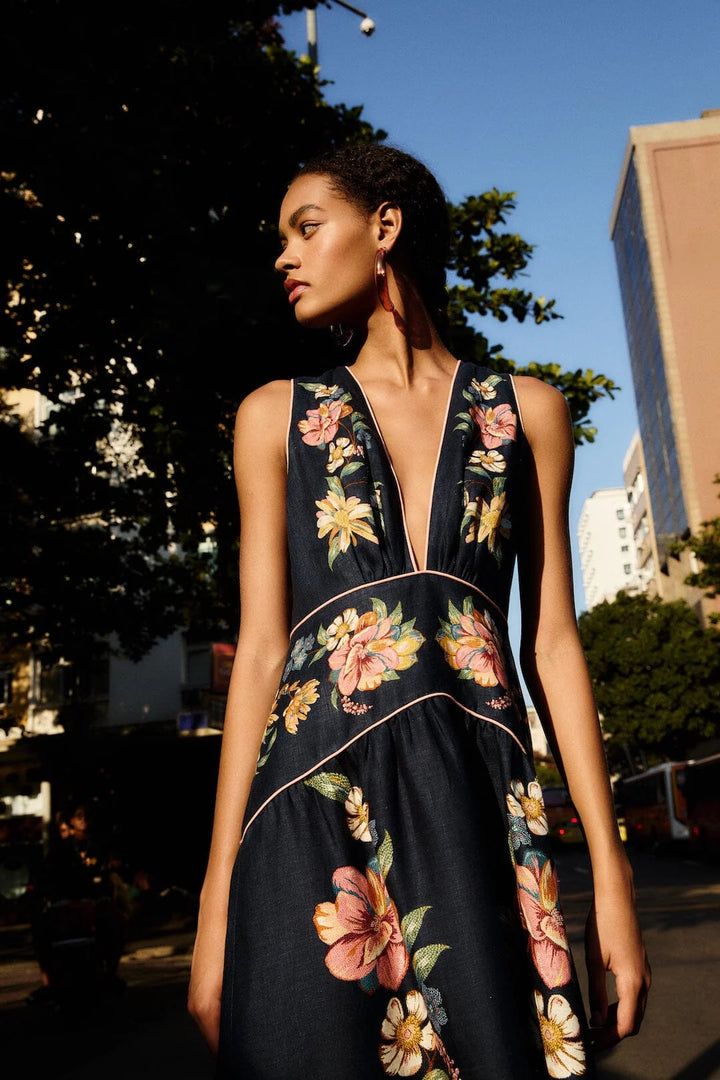 MAIRA FLORAL DARK BLUE MIDI DRESS