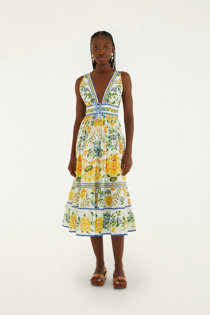EMILY FLORAL TAPESTRY OFF-WHITE MIDI DRESS