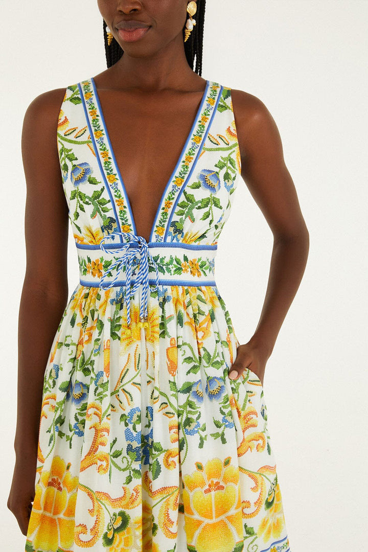 EMILY FLORAL TAPESTRY OFF-WHITE MIDI DRESS