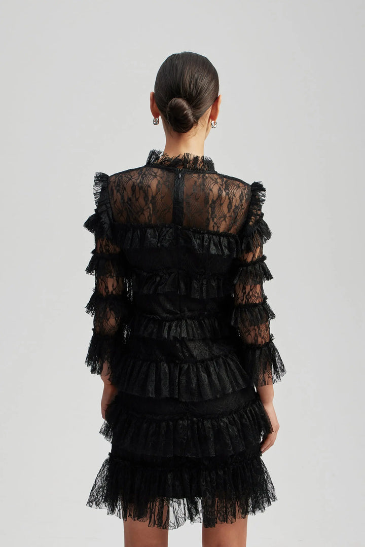 Carmine frill lace mini dress