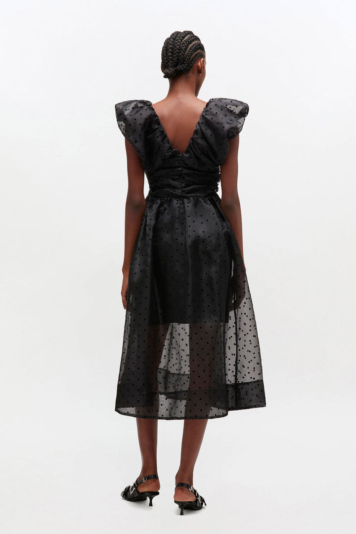 Flocked Organza Long Ruched Dress