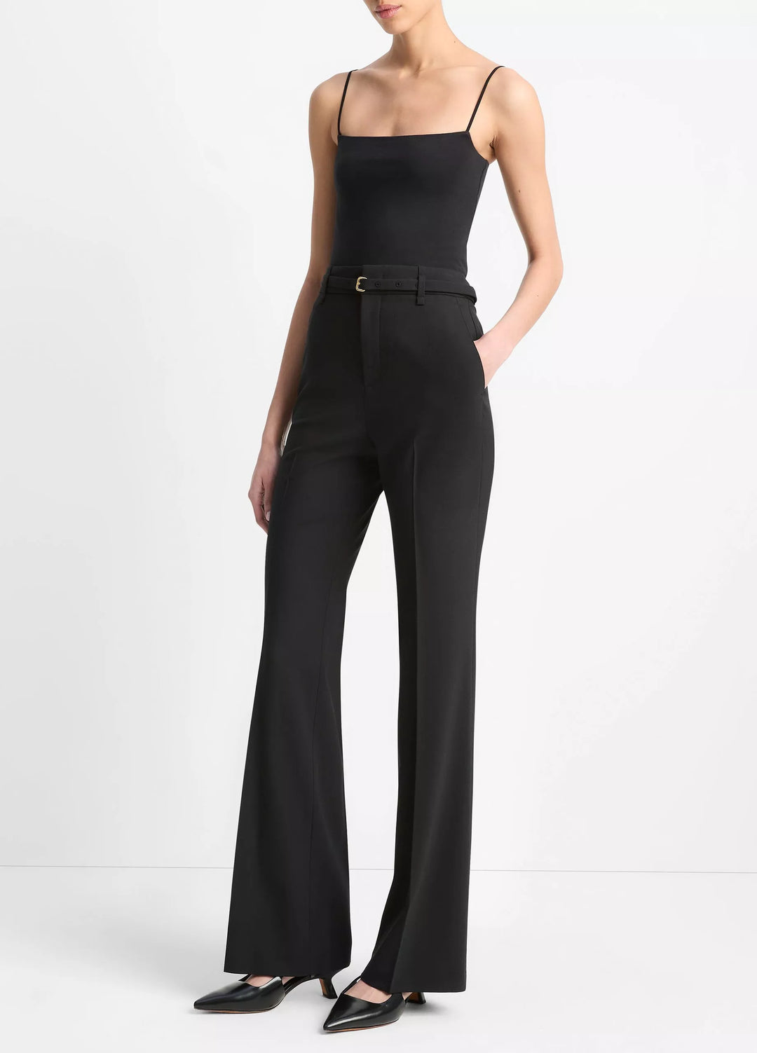 VINCE HIGH WAIST SLIM FLARE BELTED PANT