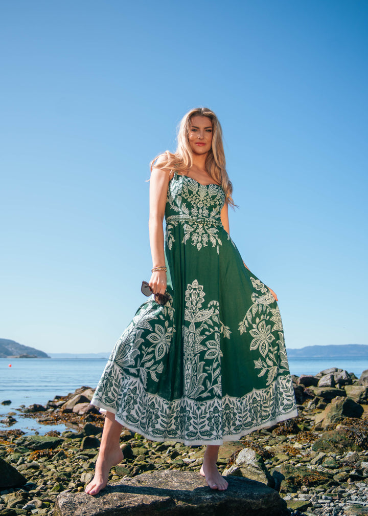 MIRANDA DARK GREEN BELT BUCKLES MAXI DRESS