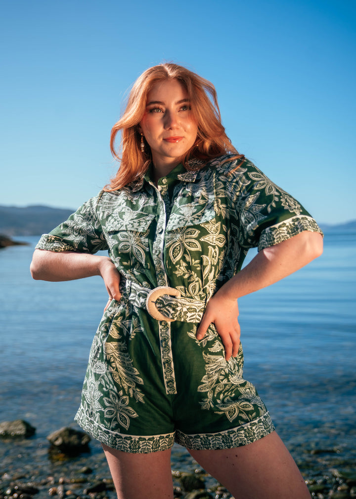 MIRANDA DARK GREEN SHORT SLEEVE ROMPER