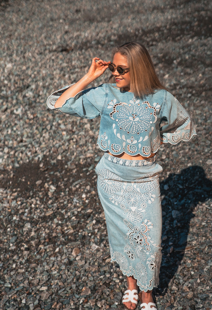 DENIM RICHELIEUX MIDI SKIRT