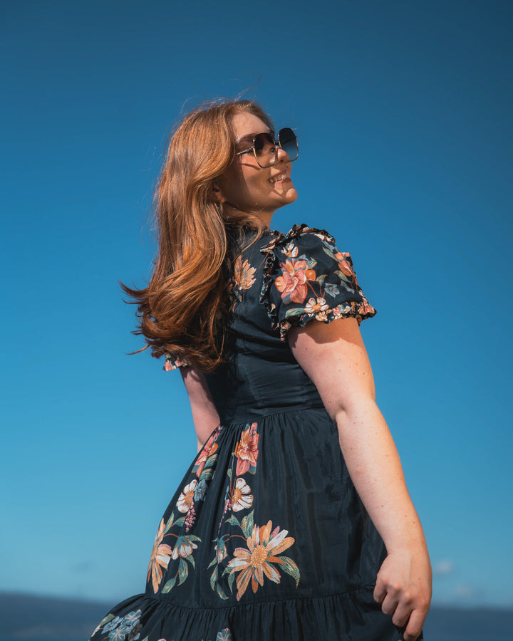MAIRA FLORAL DARK BLUE SHORT SLEEVE MAXI DRESS