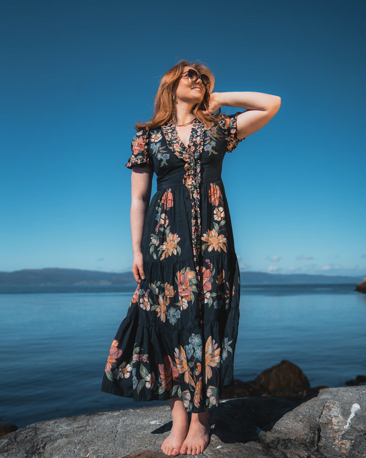 MAIRA FLORAL DARK BLUE SHORT SLEEVE MAXI DRESS