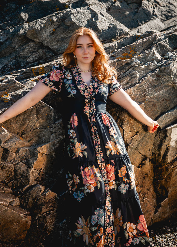 MAIRA FLORAL DARK BLUE SHORT SLEEVE MAXI DRESS