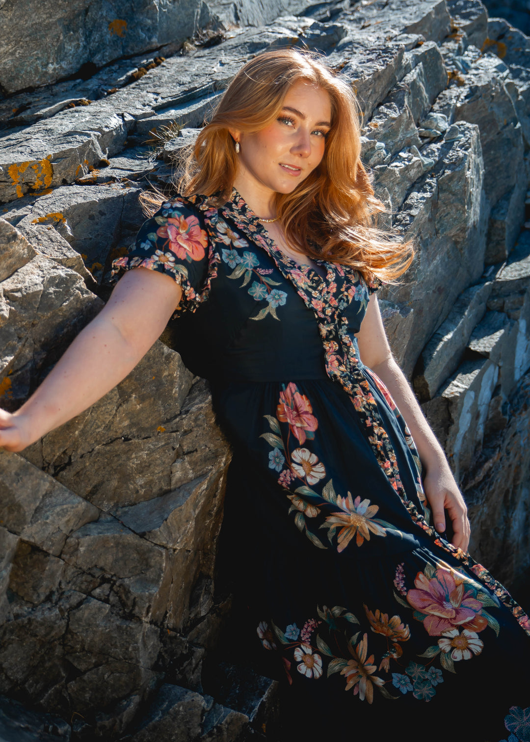 MAIRA FLORAL DARK BLUE SHORT SLEEVE MAXI DRESS