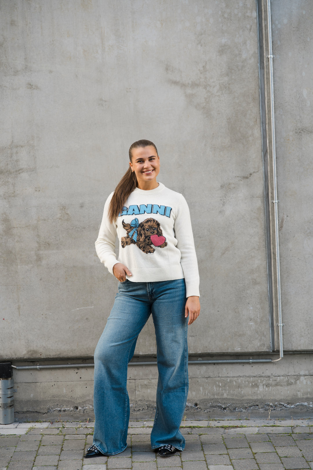 Graphic Wool Mix Fluffy Puppy Love Crewneck