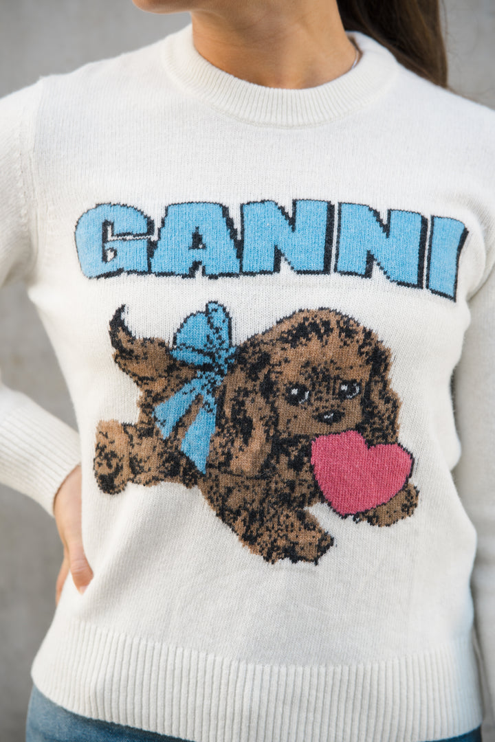 Graphic Wool Mix Fluffy Puppy Love Crewneck