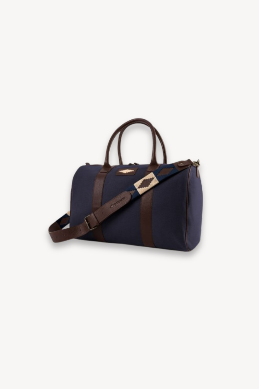 varon small travel bag - brown leather and navy canvas with cream stitching