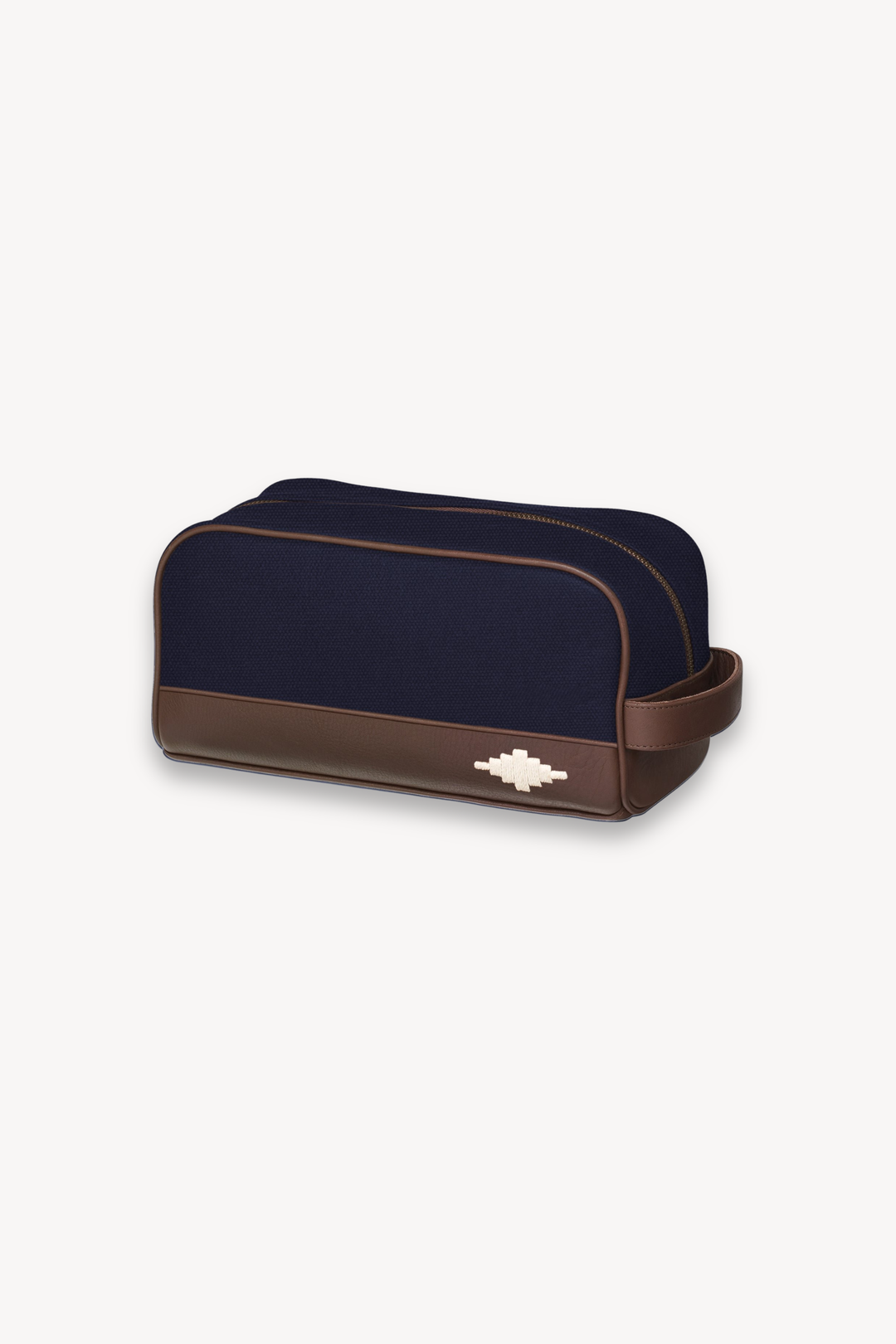 hombre washbag - brown leather and navy canvas with cream stitching