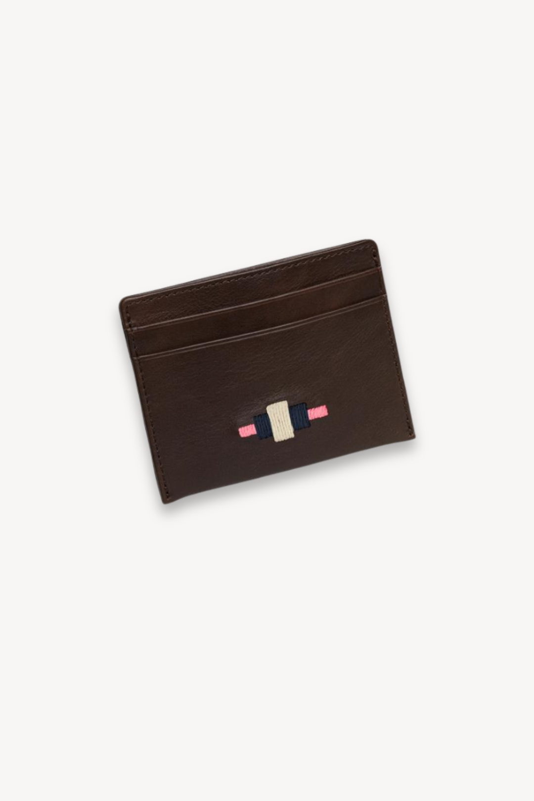 rombo card slip - brown leather with dusty pink, navy, cream stitching