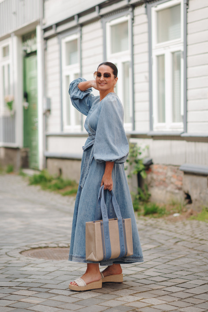 Indra Denim Wrap Midi Dress