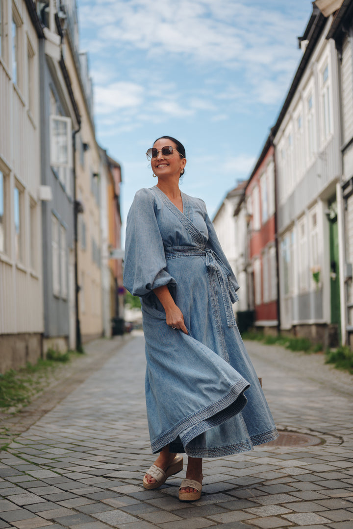Indra Denim Wrap Midi Dress