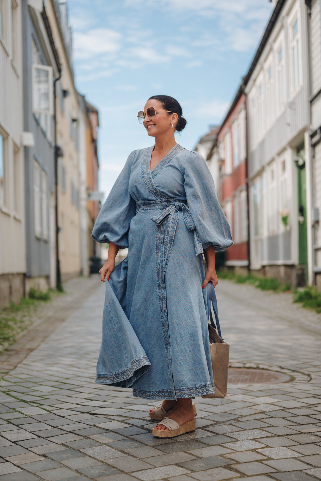 Indra Denim Wrap Midi Dress