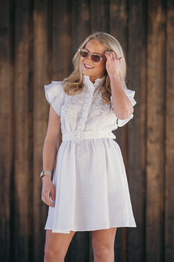 Linen Embroidered Ruffle Dress