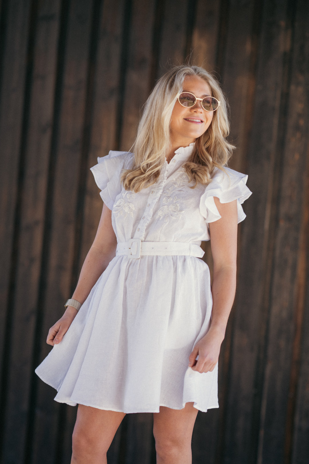 Linen Embroidered Ruffle Dress