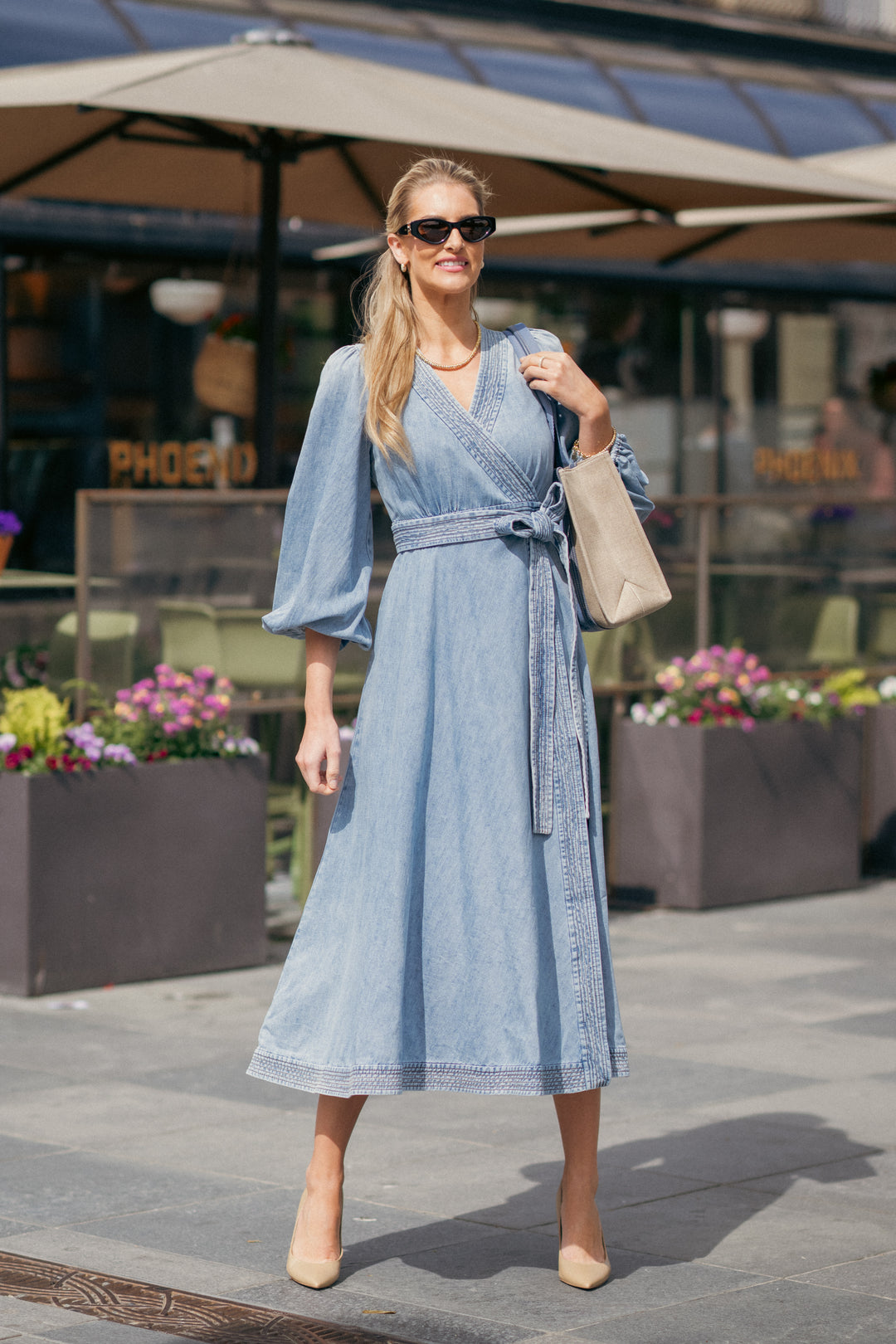 Indra Denim Wrap Midi Dress