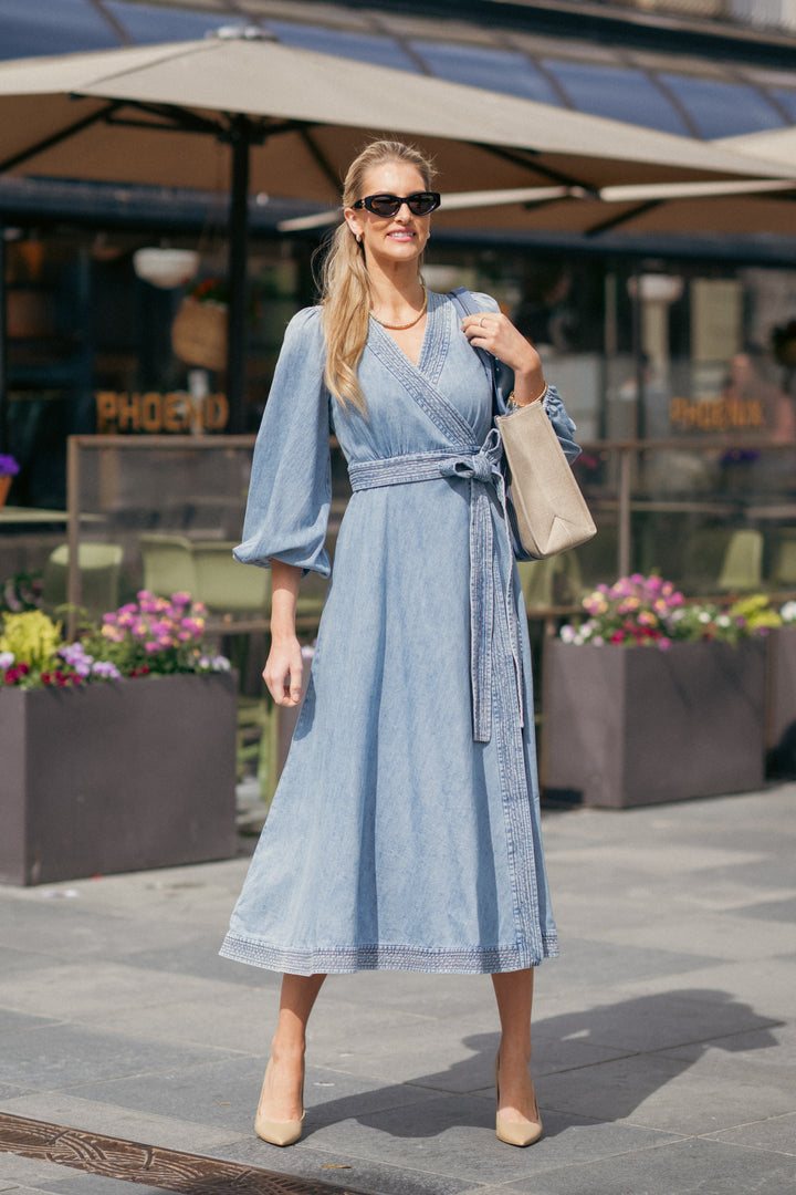 Indra Denim Wrap Midi Dress