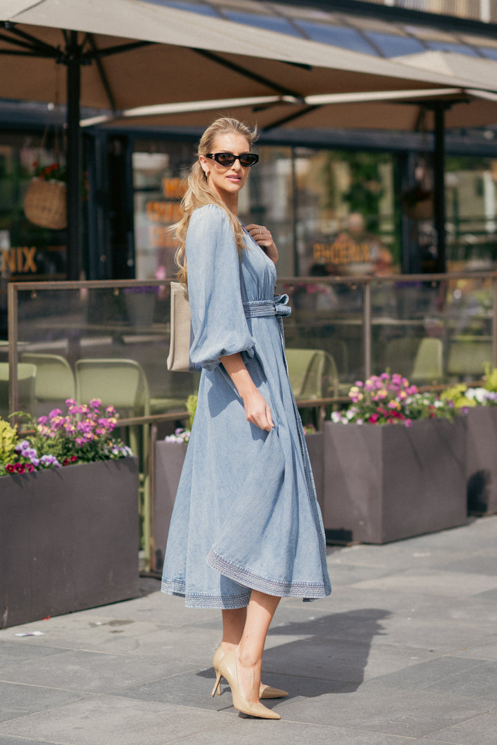 Indra Denim Wrap Midi Dress