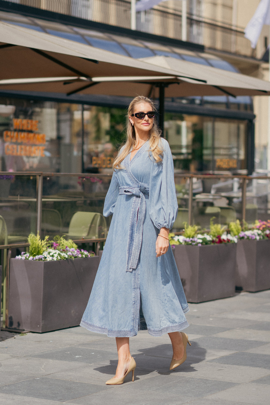 Indra Denim Wrap Midi Dress
