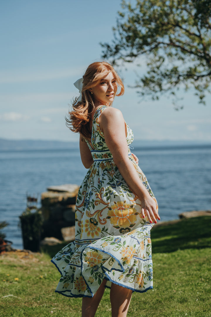 EMILY FLORAL TAPESTRY OFF-WHITE MIDI DRESS