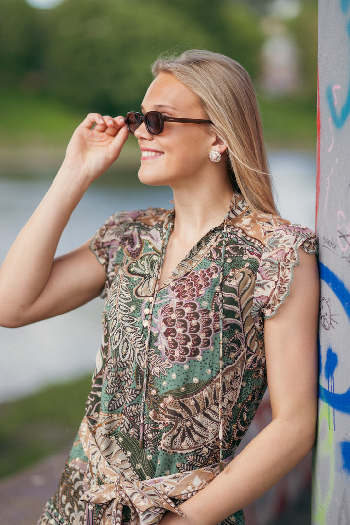 DOTTED FOLIAGE SOFT SAGE GREEN MINI DRESS