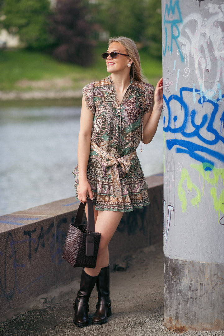 DOTTED FOLIAGE SOFT SAGE GREEN MINI DRESS