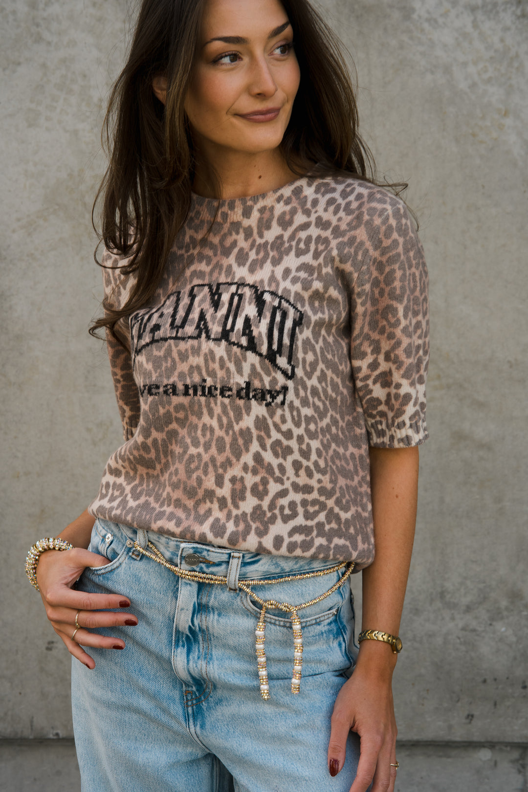 GANNI Graphic Wool Mix Printed Leopard T-shirt