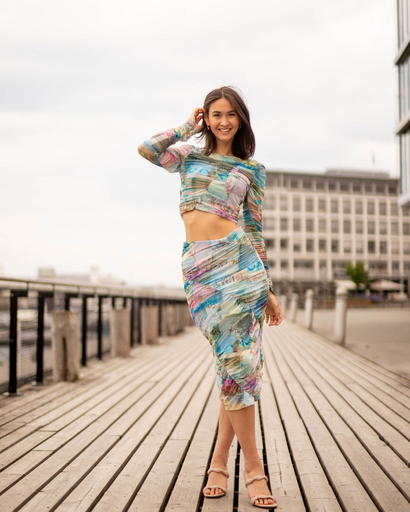 GANNI Printed Mesh Ruched Midi Skirt – Høyer Trondheim/Høyer Solsiden
