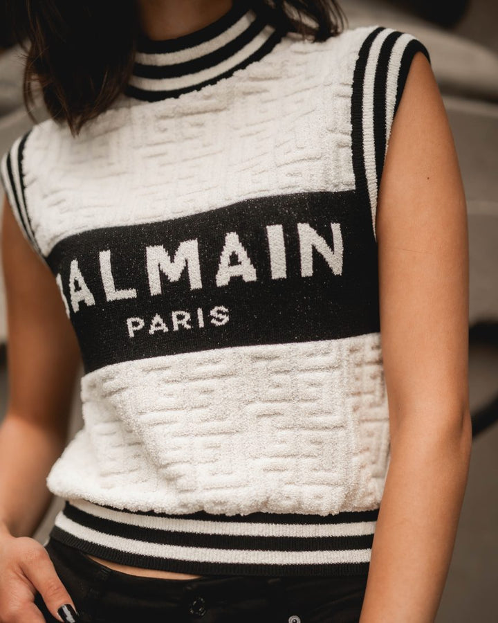 BALMAIN SL BALMAIN MONOGRAM SPONGE KNIT TOP