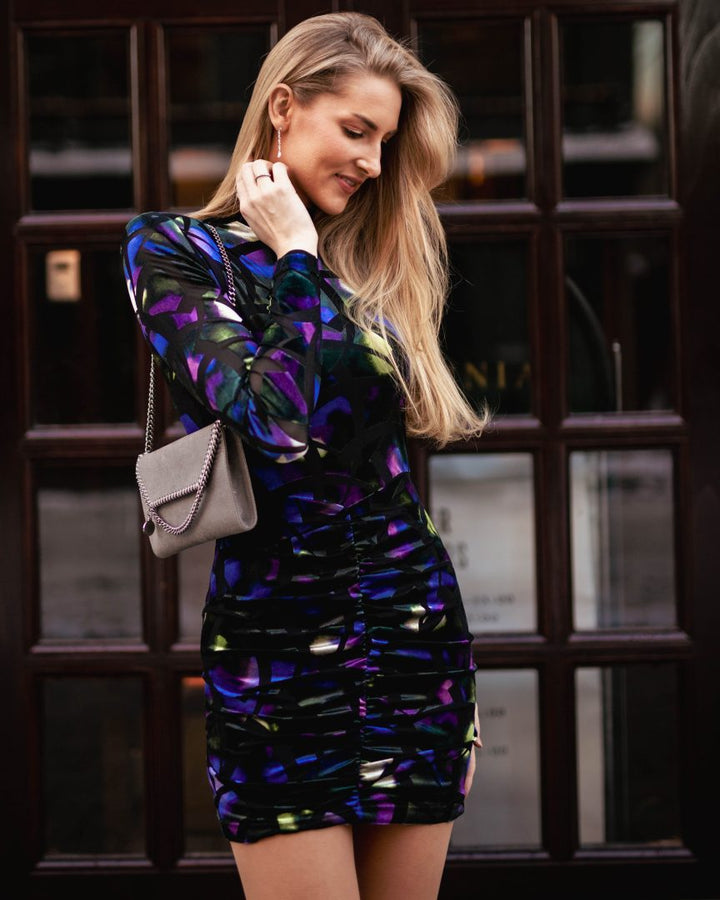 Velvet Mesh Jersey Ruched Dress