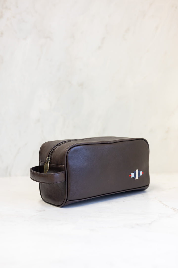 Hombre washbag - brown leather with multi stitching