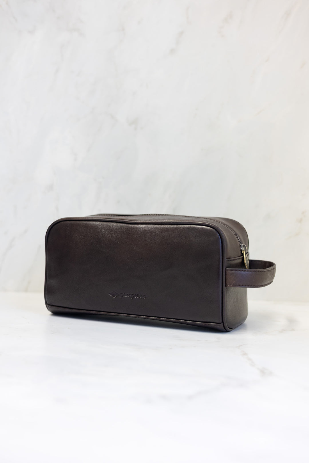 Hombre washbag - brown leather with multi stitching