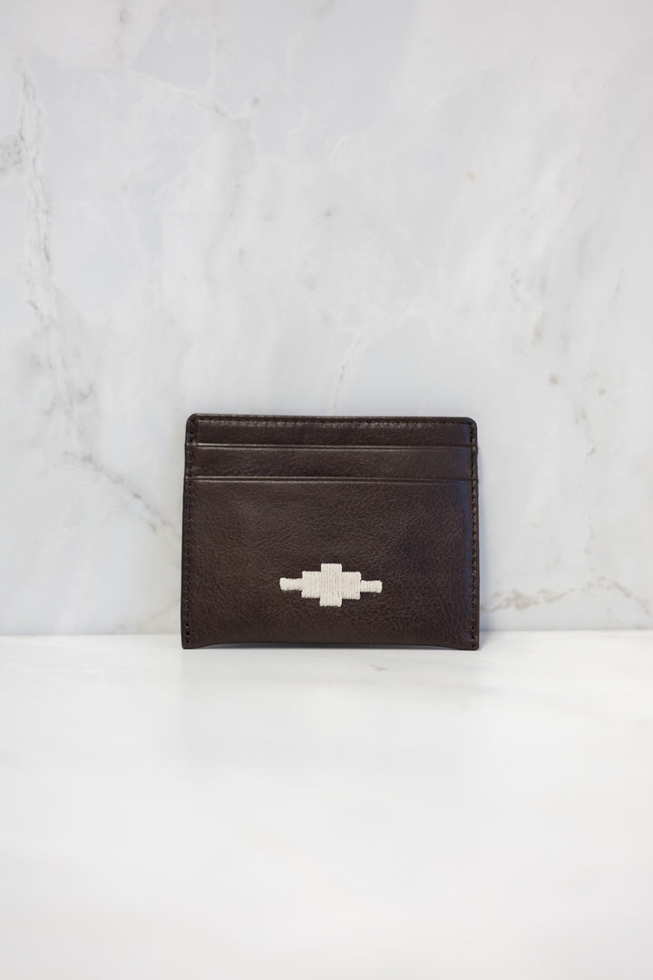 rombo card slip - brown leather with cream stitching